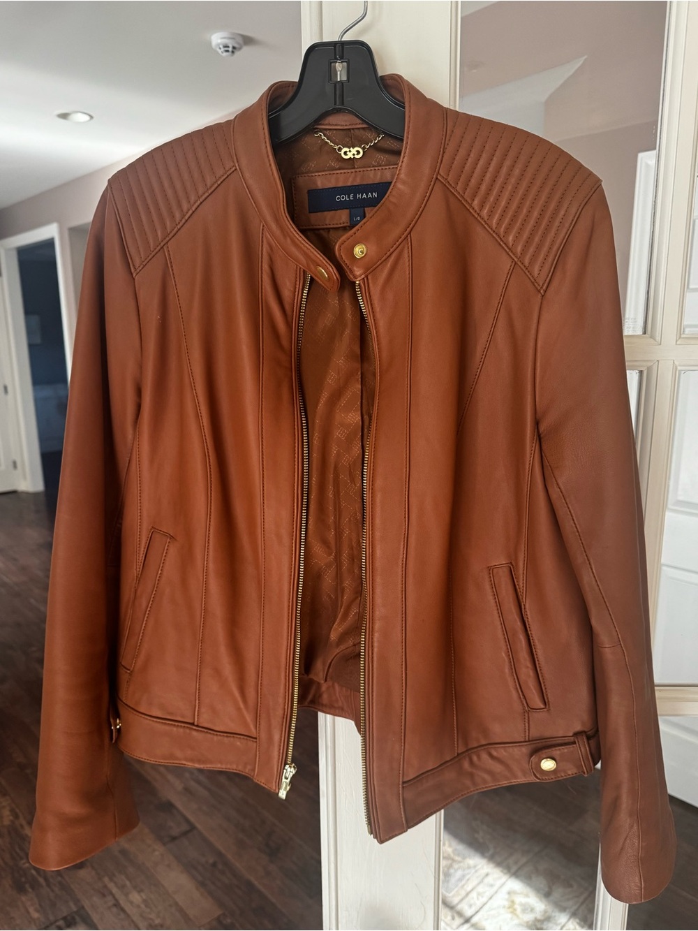 Cole Haan Genuine Lambskin Leather Moto Racer Jacket, Cognac Brown - Size Large